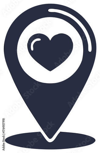 Dark Blue Location Pin Icon with Heart Symbol Vector Illustration Perfect for Romance Travel or Event