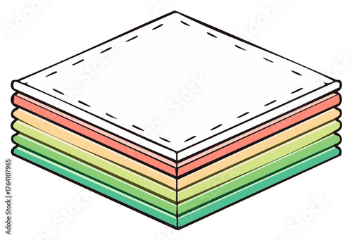 Stack of Colorful Square Quilt Pieces or Fabric in Isometric View, White Blank on Top