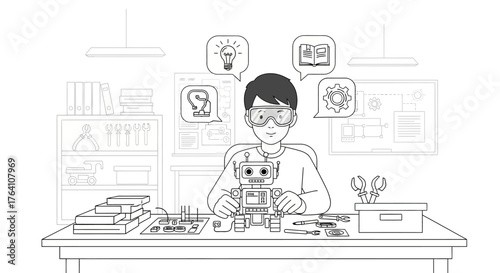 Boy building a robot with tools and ideas wearing glasses at a table.