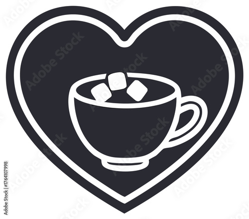 Heart shape framing a coffee cup with marshmallows inside a dark solid silhouette