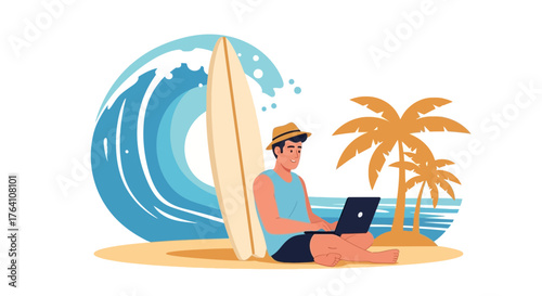 Illustration of a man working on a laptop on the beach with a surfboard next to him