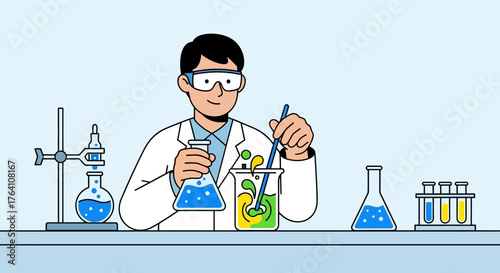 Cartoon Scientist Mixing Chemicals in Laboratory with Beakers and Flasks.