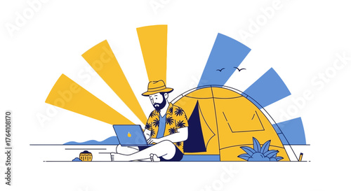 Illustration of a man working on a laptop while camping on the beach or freelancing