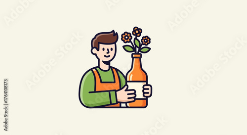 Cheerful Gardener Holding a Bottle Vase with Blooming Flowers.