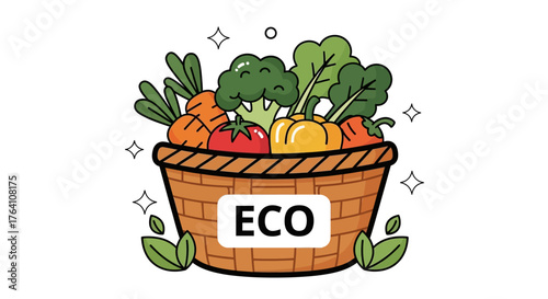 Cartoon Wicker Basket Filled with Fresh Organic Vegetables Labeled ECO.