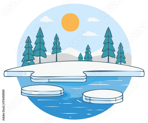 Winter landscape with pine trees, ice formations, and a sun in the sky.