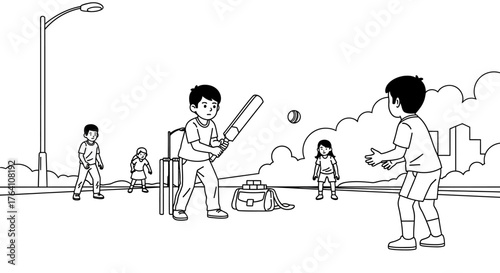 Children Playing Cricket A Line Art Illustration of a Game in Progress.