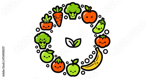 Colorful Cartoon Fruit and Vegetable Circle with Smiling Faces and Leaves.