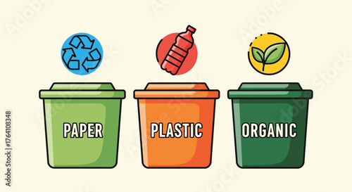 Colorful Waste Sorting Bins with Icons for Paper Plastic and Organic Recycling.
