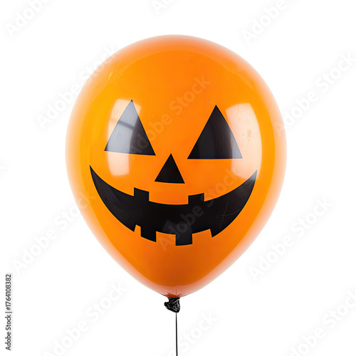 A single orange balloon with a jack-o'-lantern face on it.