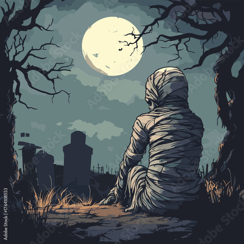 halloween mummy in the graveyard   , vector style simple color
