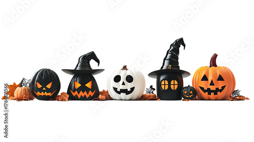 A row of Halloween pumpkins with witch hats and jack-o-lantern faces, surrounded by autumn leaves and spider webs.