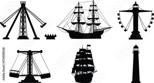 Amusement park rides and vintage sailing ships with lighthouse silhouettes, marine adventure theme, nautical elements, vector illustration for design, travel