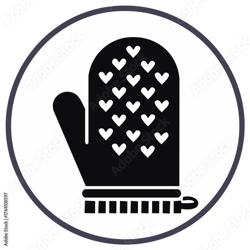 Stylized Black Oven Mitt with White Heart Pattern Icon in a Circle, Symbolizing Home Cooking and Love
