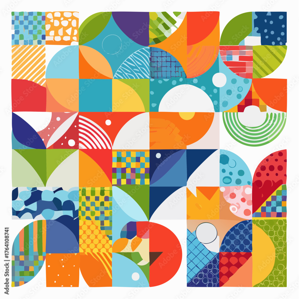 Fototapeta premium Abstract geometric vector collage with vibrant colors and dynamic overlapping shapes. A complex modern pattern with flowing textures