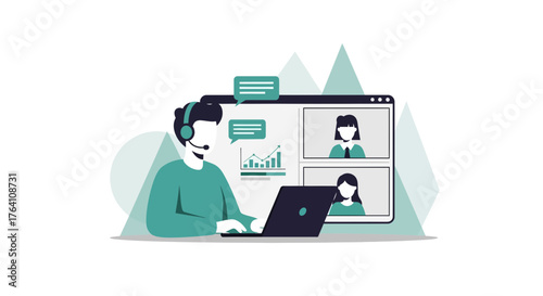Illustration of a Video Conference Call with Team Members and Business Discussion