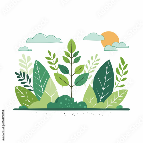 Flat vector illustration of a botanical garden with lush green plants and foliage. Concept for ecology, environment, and sustainable living