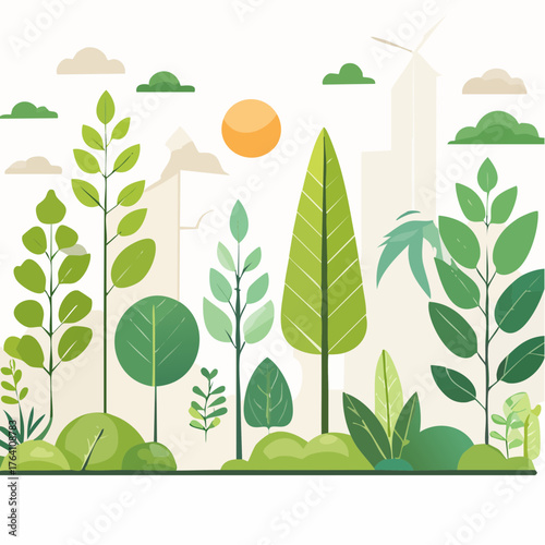 Vector illustration of a lush green forest landscape with stylized trees and clouds, suggesting eco-friendly urban development and a sustainable future