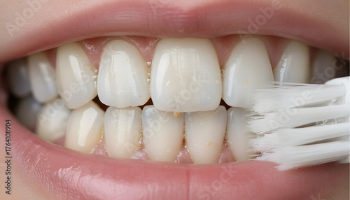 Close-up of a person's mouth with bright, healthy teeth being meticulously cleaned by a white toothbrush, emphasizing daily dental hygiene for a radiant and confident smile