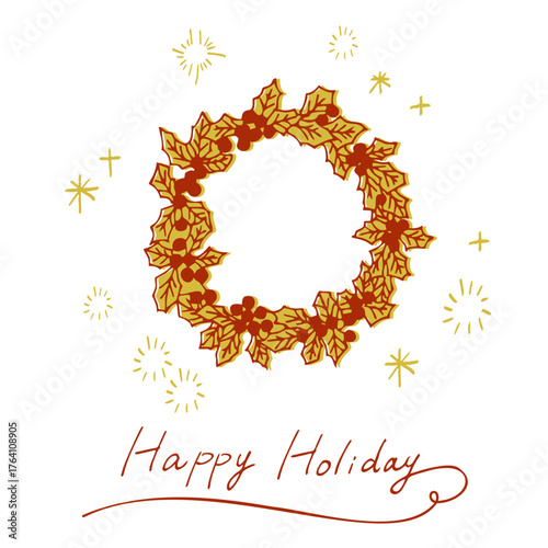 Happy Holiday_柊のリースとイルミネーション,レッド＋ゴールド｜Happy Holiday_Wreath with Holly and Illuminations, Red + Gold
