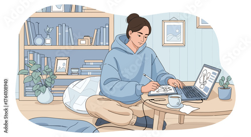 Illustration of a woman drawing on a tablet with her laptop, at home, creative work