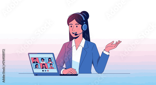 Illustration of a woman wearing a headset and having a video conference on a laptop