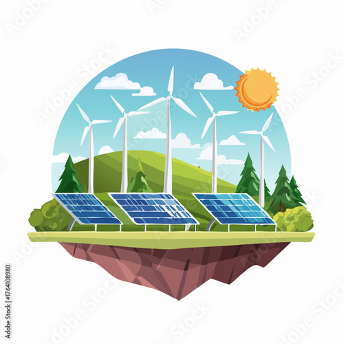 Vector illustration of a sustainable green energy landscape with wind turbines and solar panels on a floating island under a sunny sky