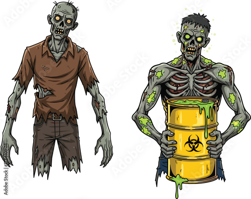 Creepy cartoon zombies holding toxic barrel, radioactive green slime horror illustration, undead monster characters perfect for Halloween and spooky design themes
