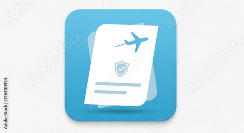 Travel insurance app icon with airplane and shield protection, safety, security, guarantee, assurance concept
