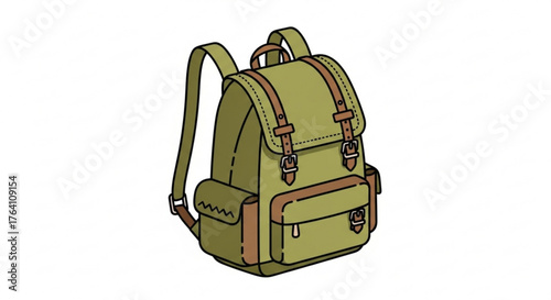 Green backpack, perfect for hiking, camping, or school, featuring multiple pockets and adjustable straps for comfort