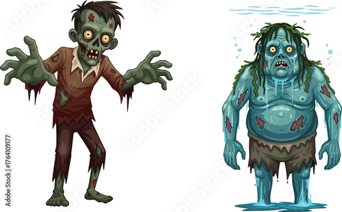 Creepy cartoon zombies with one underwater zombie dripping water, horror illustration showing scary undead creatures for Halloween and apocalypse themes