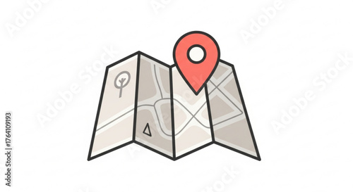 Folded map with location pin represents navigation, travel planning, and finding destinations on a journey