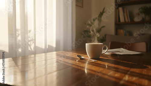 Aromatic Morning Steaming Coffee Cup on Wooden Table Bathed in Sunlight