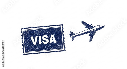 Visa stamp and airplane symbolizing international travel, tourism, and immigration for business or vacation purposes