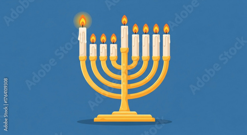 Illustration of a golden hanukkah menorah with nine lit candles against a blue background, symbolizing the jewish festival of lights and tradition