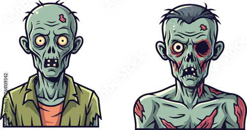 Creepy zombie faces illustration, scary undead characters, horror Halloween artwork, spooky cartoon monsters with decayed skin and terrifying expressions, vector design