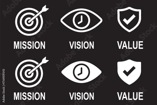 Mission Vision Values of company icon set, Success symbol isolated Organization mission flat simple info graphics design template. Colorful icons. Target, Eye Star and Badge. EPS 10.