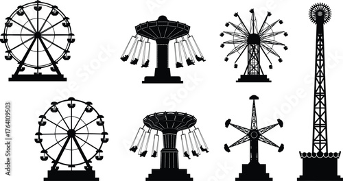 Amusement park rides silhouettes collection with ferris wheel, swing ride, and drop tower, fun fair attraction vector illustration design