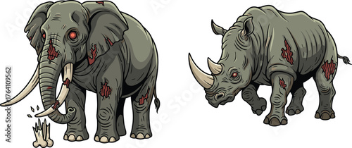 Scary zombie elephant and rhino illustration, undead wild animals with wounds and red eyes, horror fantasy art, Halloween creature design