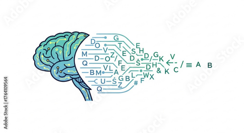 Conceptual illustration of a brain emitting letters, , symbolizing knowledge, communication, and artificial intelligence