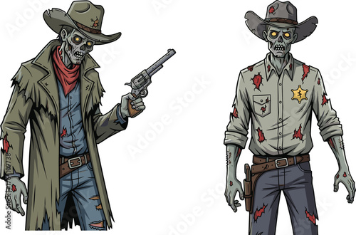 Zombie cowboy and sheriff illustration, undead western characters artwork, horror wild west concept, scary gunslinger design, apocalypse fantasy creature art
