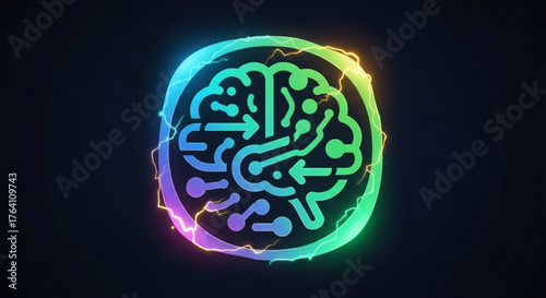 Futuristic ai brain logo design with vibrant neon colors and electric sparks, symbolizing advanced technology, innovation, and the power of artificial intelligence