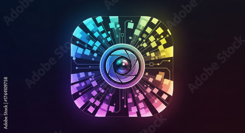 Futuristic camera lens with colorful geometric patterns, representing digital photography, technology, and visual innovation on dark background