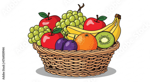 A vibrant basket overflowing with a medley of fresh fruits, including apples, bananas, grapes, kiwi, oranges, and plums
