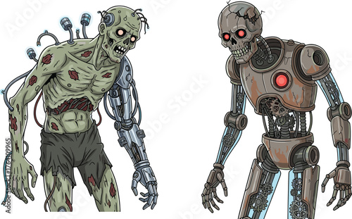 Futuristic zombie cyborg and mechanical skeleton robot illustration, horror sci-fi artwork, undead machine creatures design, post-apocalyptic fantasy technology concept art