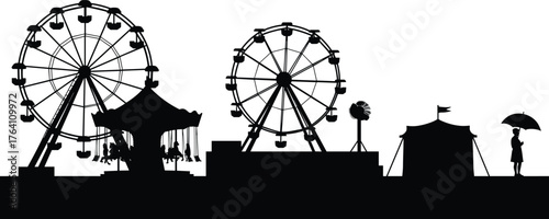 Amusement park silhouette with ferris wheel, swing ride, circus tent, woman with umbrella, funfair carnival vector illustration, black cityscape design