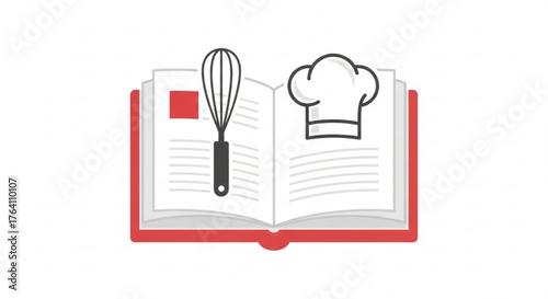 Open cookbook with whisk and chefs hat, representing cooking, recipes, and culinary arts in a simple design