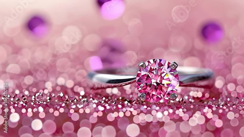 This exquisite video features a beautiful diamond ring placed elegantly on a vibrant pink glittery background, adorned with mesmerizing bokeh lights that enhance its sparkling beauty.