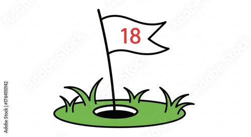 Illustration of a golf hole with a flag marked 18, a simple and clean design for golfrelated content and designs