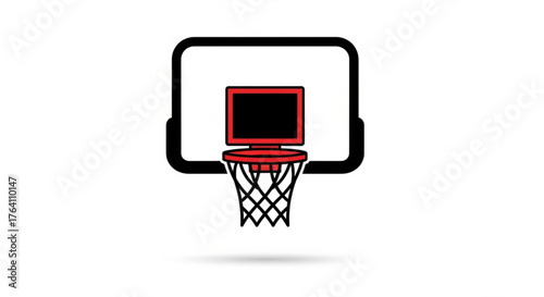 A basketball hoop with a computer screen as the backboard, creating a humorous and modern twist on the classic sport
